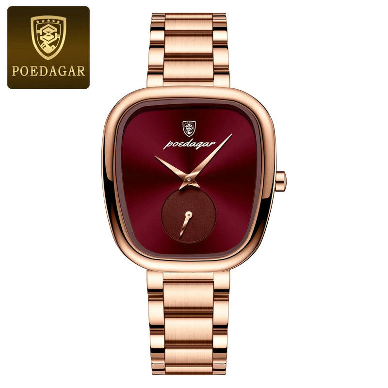 Relógio feminino POEDAGAR de luxo, estilo coreano, moderno, ultrafino, de aço inoxidável, à prova d'água, quadrado, quartzo