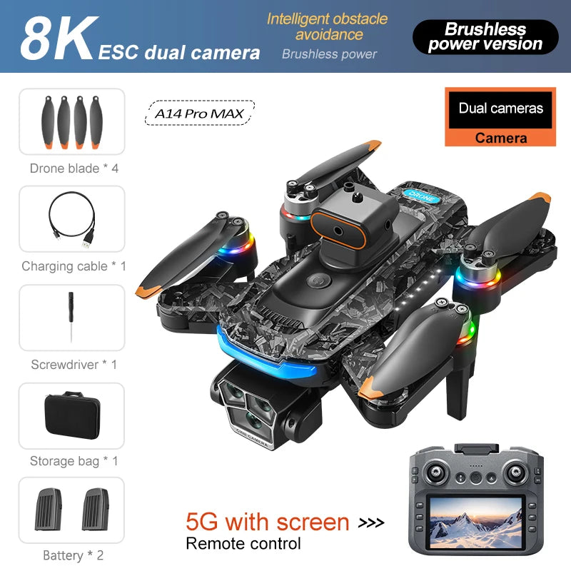 Drone Xiaomi A14Pro Max 8K HD GPS ( sem escovas) Três Câmeras Óptica de Fluxo Evita Obstáculos - Com bateria