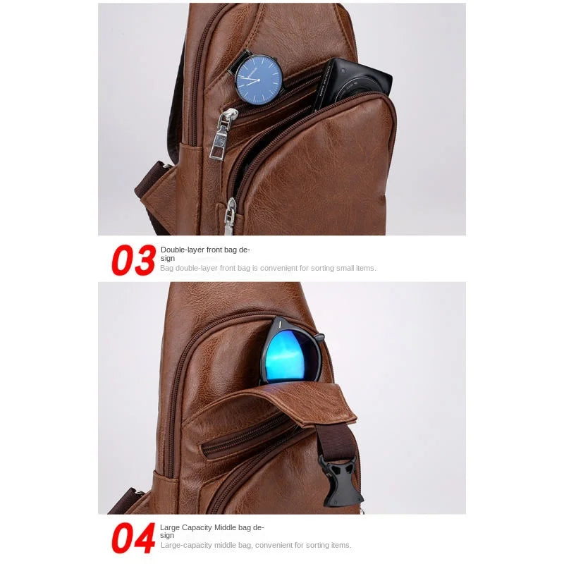 Bolsa de couro Masculina com Furo para Fone de Ouvido USB de Ombro