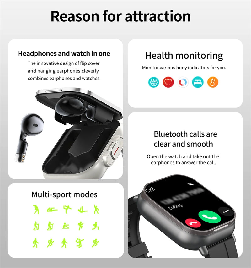 Relógio inteligente 2 em 1 com fone de ouvido, Bluetooth, chamada, relógio masculino, GPS, monitoramento de frequência cardíaca, reprodução de música