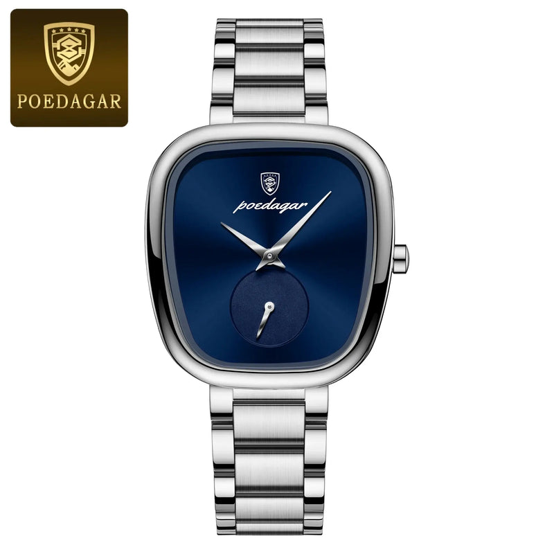 Relógio feminino POEDAGAR de luxo, estilo coreano, moderno, ultrafino, de aço inoxidável, à prova d'água, quadrado, quartzo