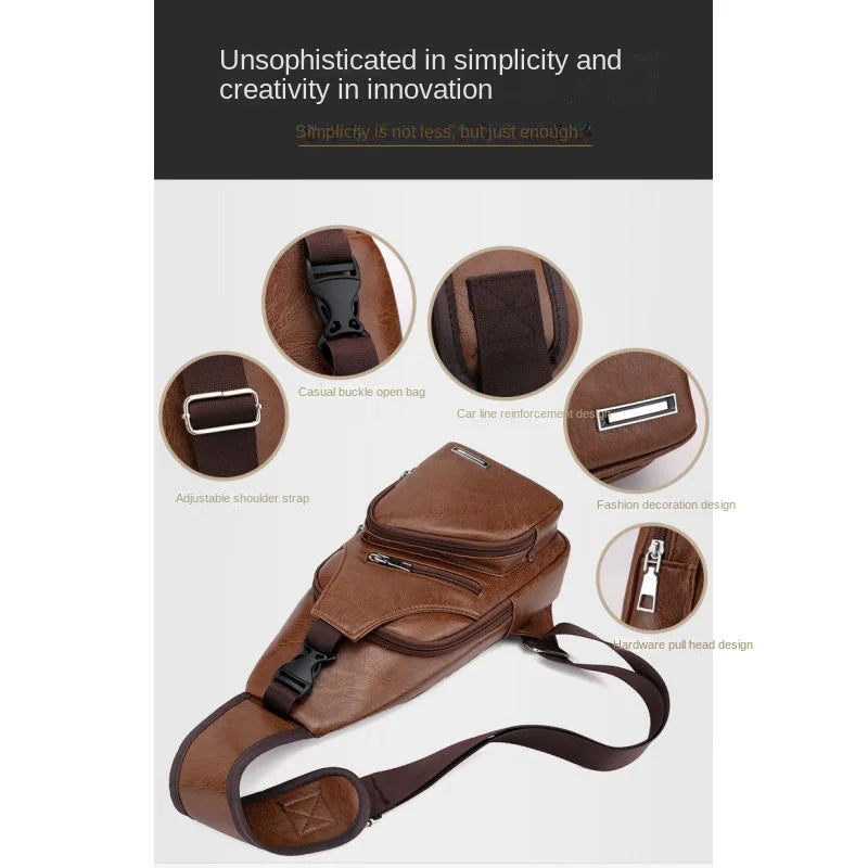 Bolsa de couro Masculina com Furo para Fone de Ouvido USB de Ombro