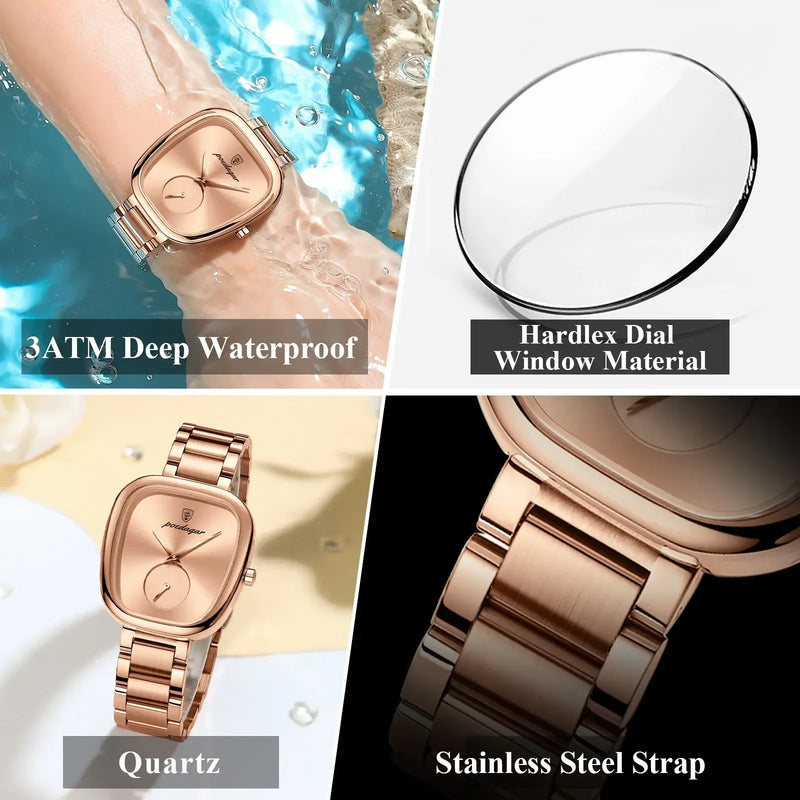 Relógio feminino POEDAGAR de luxo, estilo coreano, moderno, ultrafino, de aço inoxidável, à prova d'água, quadrado, quartzo