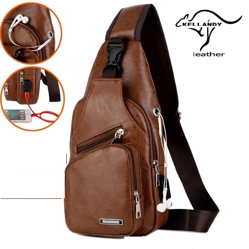 Bolsa de couro Masculina com Furo para Fone de Ouvido USB de Ombro