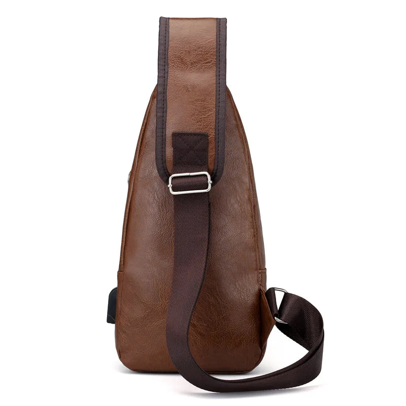Bolsa de couro Masculina com Furo para Fone de Ouvido USB de Ombro