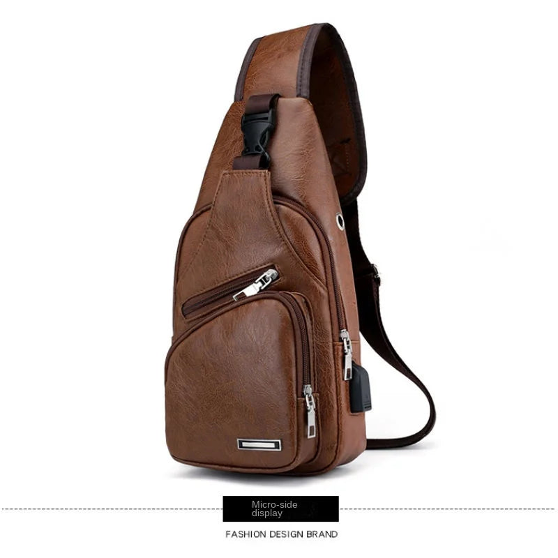Bolsa de couro Masculina com Furo para Fone de Ouvido USB de Ombro