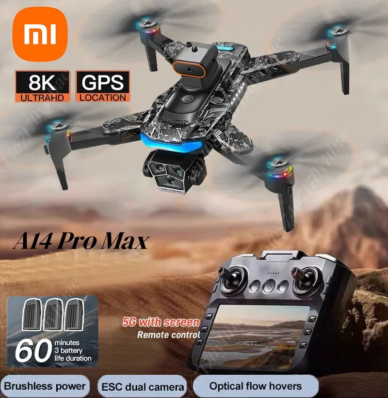 Drone Xiaomi A14Pro Max 8K HD GPS ( sem escovas) Três Câmeras Óptica de Fluxo Evita Obstáculos - Com bateria