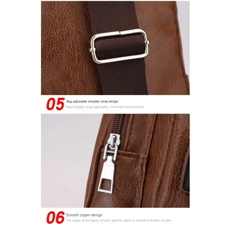 Bolsa de couro Masculina com Furo para Fone de Ouvido USB de Ombro