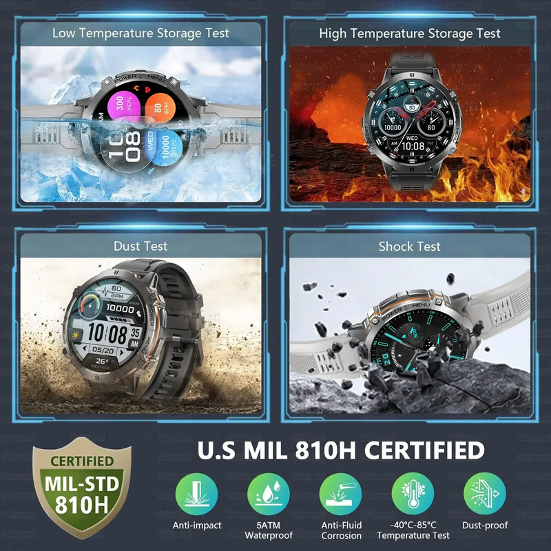 Relógio inteligente militar T-Rex 3 com Bluetooth, chamadas, GPS, bússola, altímetro barométrico, 10ATM à prova d'água para homens - 2025