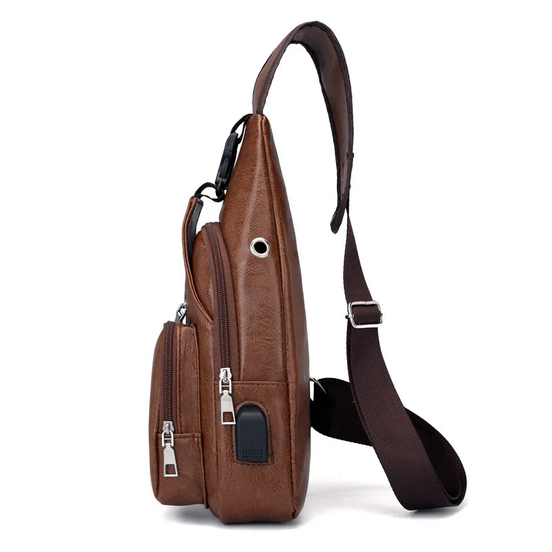 Bolsa de couro Masculina com Furo para Fone de Ouvido USB de Ombro