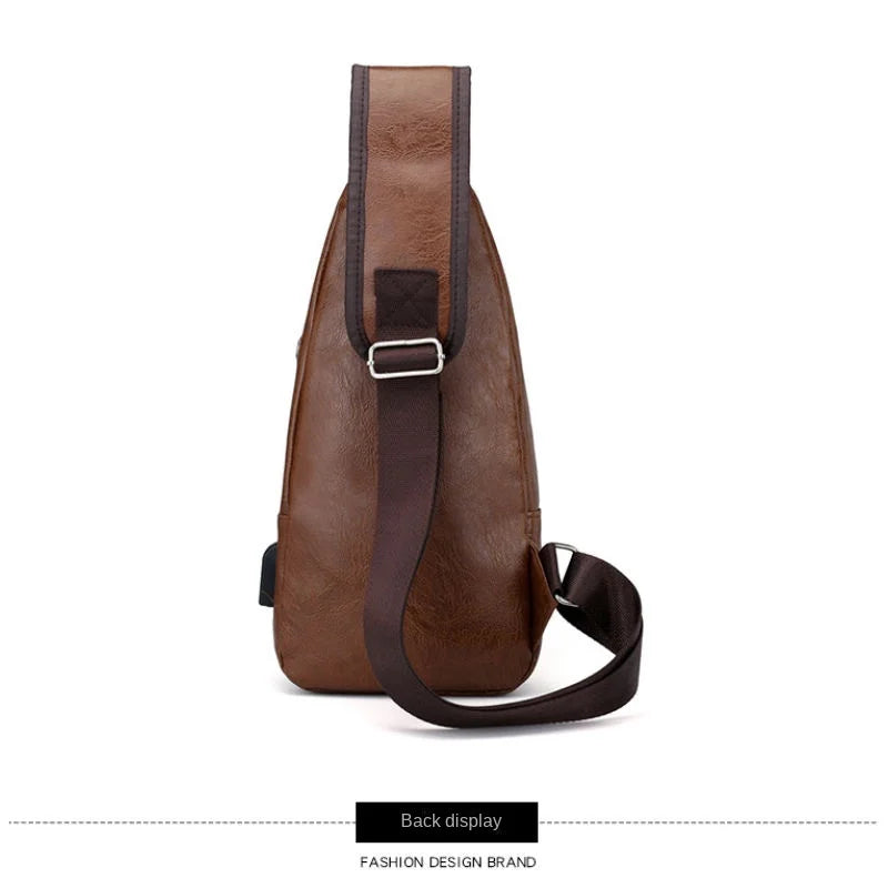 Bolsa de couro Masculina com Furo para Fone de Ouvido USB de Ombro