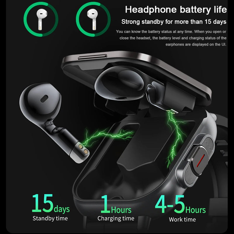 Relógio inteligente 2 em 1 com fone de ouvido, Bluetooth, chamada, relógio masculino, GPS, monitoramento de frequência cardíaca, reprodução de música