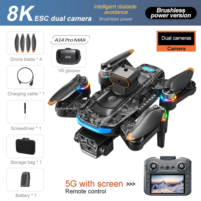 Drone Xiaomi A14Pro Max 8K HD GPS ( sem escovas) Três Câmeras Óptica de Fluxo Evita Obstáculos - Com bateria