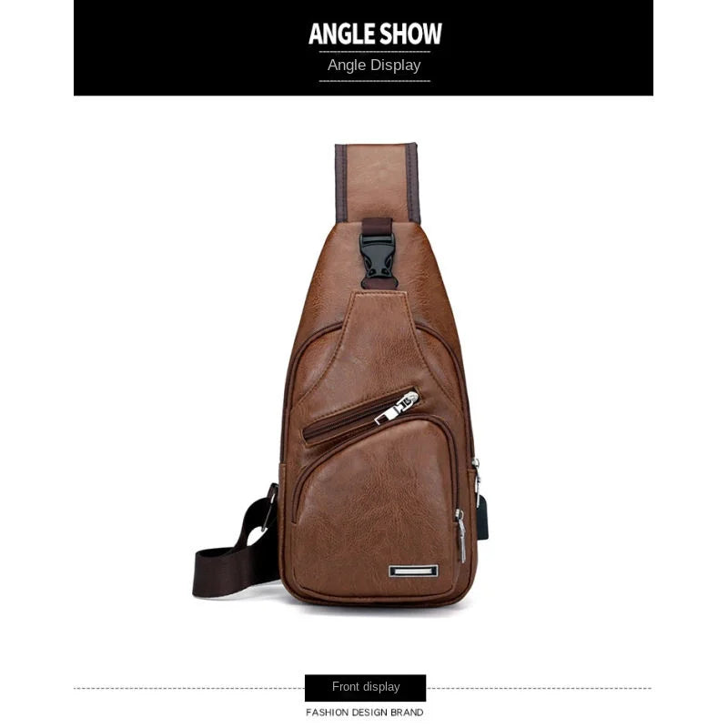 Bolsa de couro Masculina com Furo para Fone de Ouvido USB de Ombro