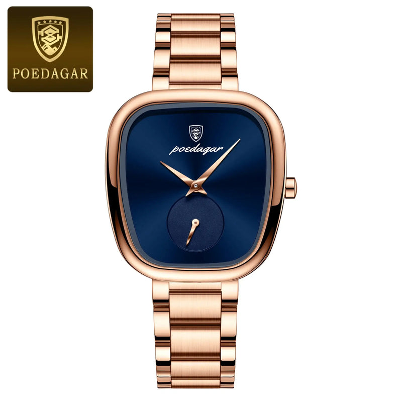 Relógio feminino POEDAGAR de luxo, estilo coreano, moderno, ultrafino, de aço inoxidável, à prova d'água, quadrado, quartzo