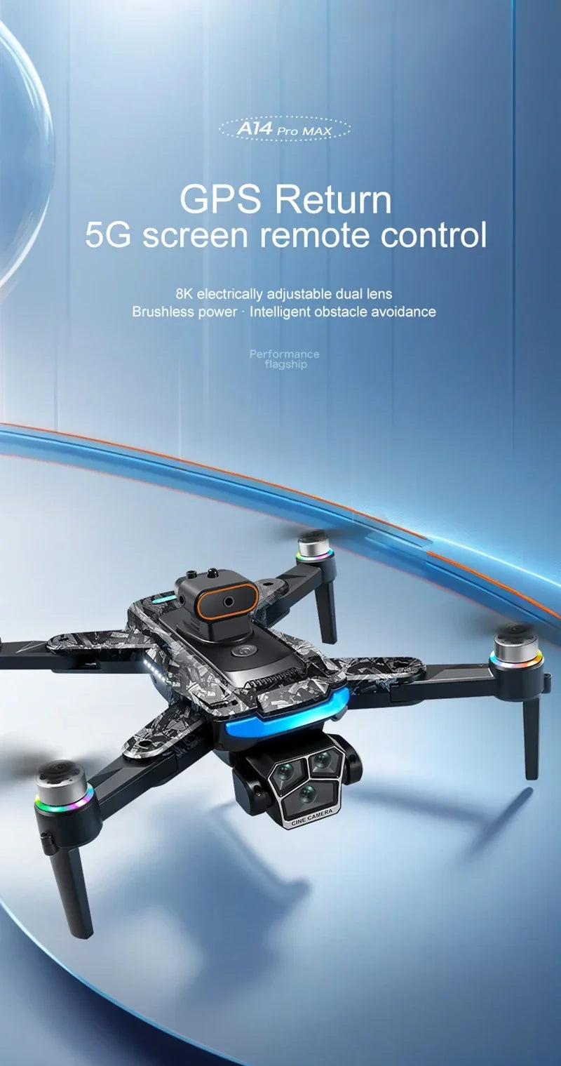 Drone Xiaomi A14Pro Max 8K HD GPS ( sem escovas) Três Câmeras Óptica de Fluxo Evita Obstáculos - Com bateria