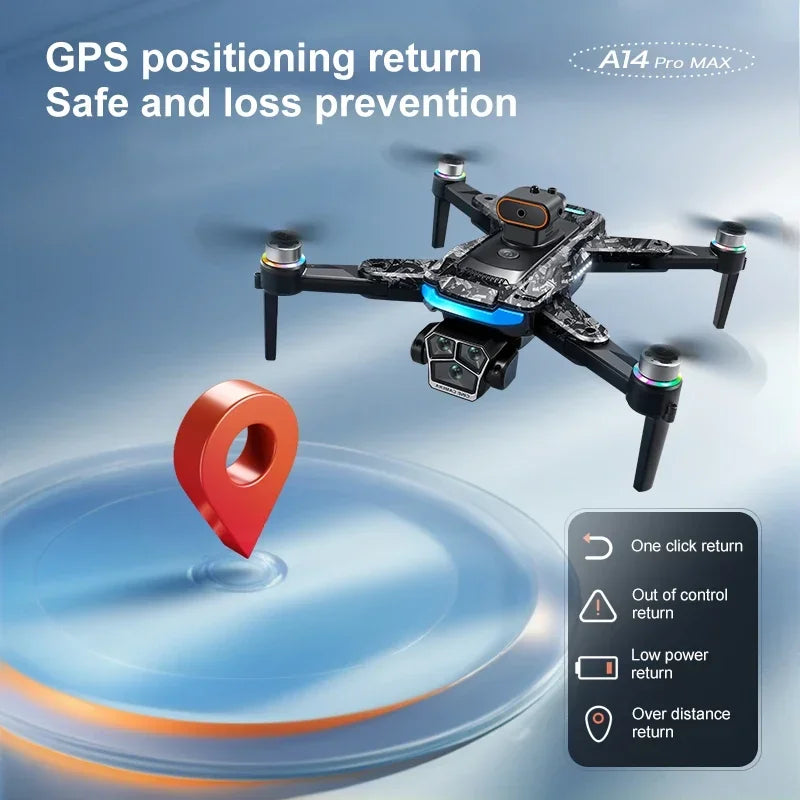 Drone Xiaomi A14Pro Max 8K HD GPS ( sem escovas) Três Câmeras Óptica de Fluxo Evita Obstáculos - Com bateria