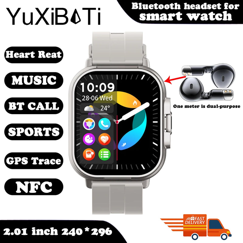 Relógio inteligente 2 em 1 com fone de ouvido, Bluetooth, chamada, relógio masculino, GPS, monitoramento de frequência cardíaca, reprodução de música