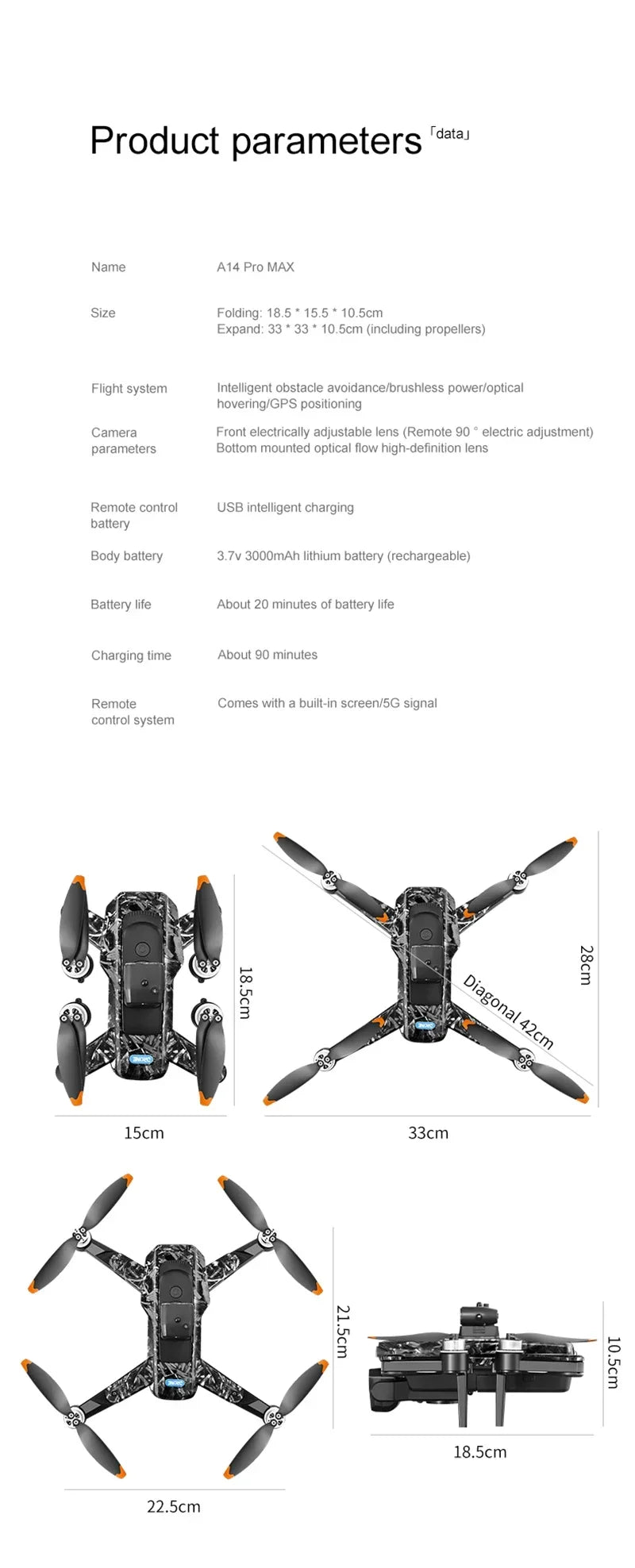Drone Xiaomi A14Pro Max 8K HD GPS ( sem escovas) Três Câmeras Óptica de Fluxo Evita Obstáculos - Com bateria