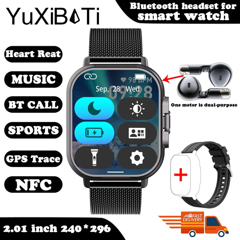 Relógio inteligente 2 em 1 com fone de ouvido, Bluetooth, chamada, relógio masculino, GPS, monitoramento de frequência cardíaca, reprodução de música