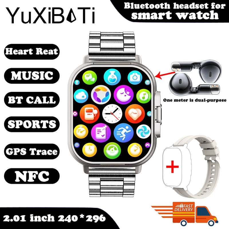 Relógio inteligente 2 em 1 com fone de ouvido, Bluetooth, chamada, relógio masculino, GPS, monitoramento de frequência cardíaca, reprodução de música