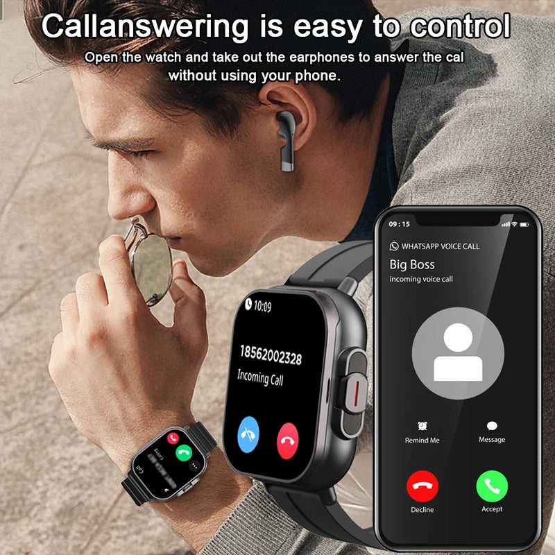 Relógio inteligente 2 em 1 com fone de ouvido, Bluetooth, chamada, relógio masculino, GPS, monitoramento de frequência cardíaca, reprodução de música