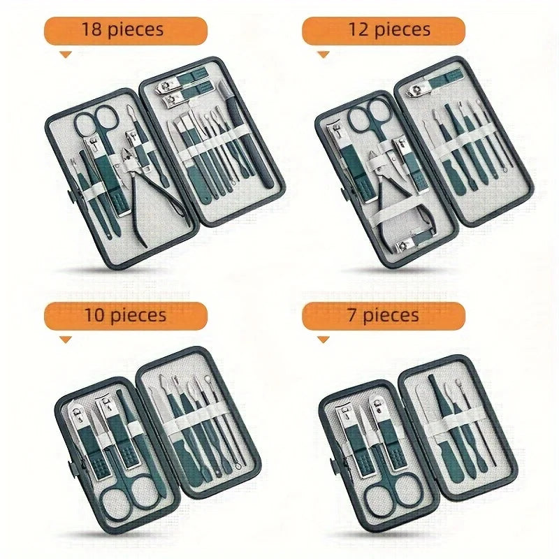 Kit profissional de cuidados com as unhas de 7/10/12/18 peças, conjunto de manicure e pedicure em aço inoxidável com estojo de viagem