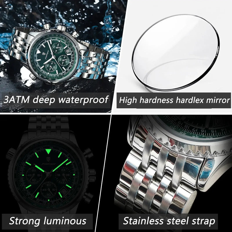 Relógios de Luxo POEDAGAR para Homens Data Cronógrafo de Aço Inoxidável Relógio Masculino à Prova d'Água Esportivo Luminous Militar Relógio de Quartzo Masculino