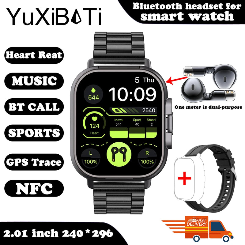 Relógio inteligente 2 em 1 com fone de ouvido, Bluetooth, chamada, relógio masculino, GPS, monitoramento de frequência cardíaca, reprodução de música