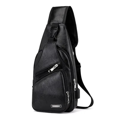 Bolsa de couro Masculina com Furo para Fone de Ouvido USB de Ombro