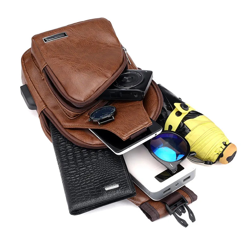 Bolsa de couro Masculina com Furo para Fone de Ouvido USB de Ombro
