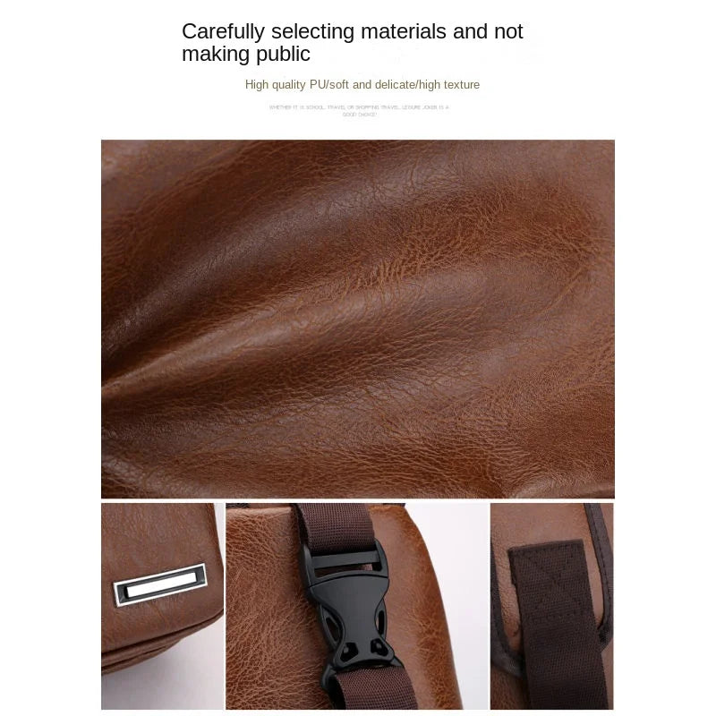 Bolsa de couro Masculina com Furo para Fone de Ouvido USB de Ombro