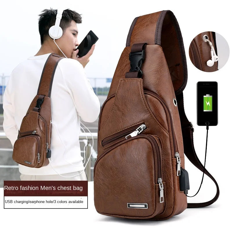 Bolsa de couro Masculina com Furo para Fone de Ouvido USB de Ombro