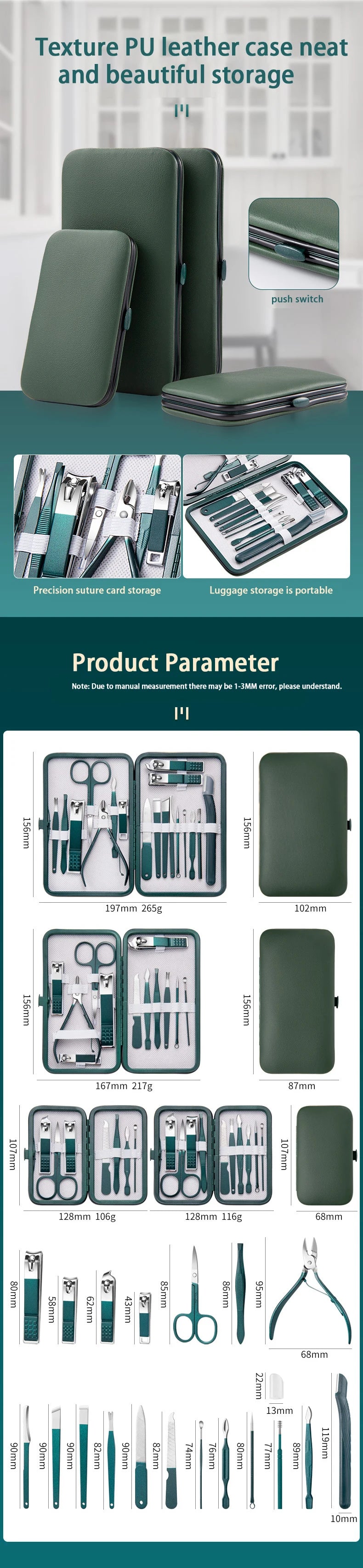 Kit profissional de cuidados com as unhas de 7/10/12/18 peças, conjunto de manicure e pedicure em aço inoxidável com estojo de viagem
