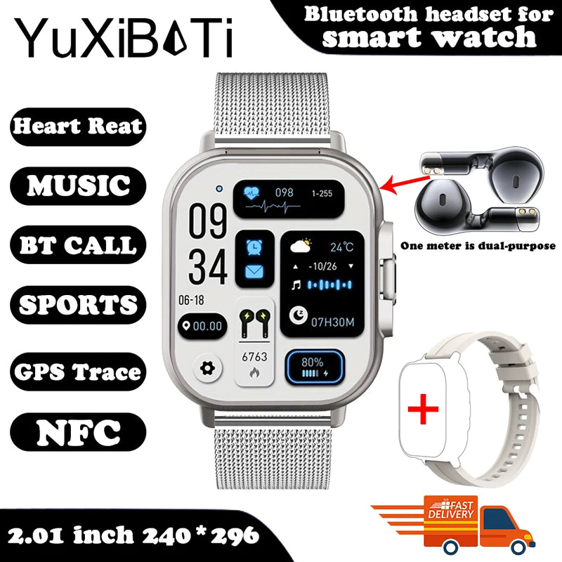 Relógio inteligente 2 em 1 com fone de ouvido, Bluetooth, chamada, relógio masculino, GPS, monitoramento de frequência cardíaca, reprodução de música