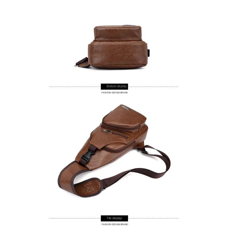 Bolsa de couro Masculina com Furo para Fone de Ouvido USB de Ombro