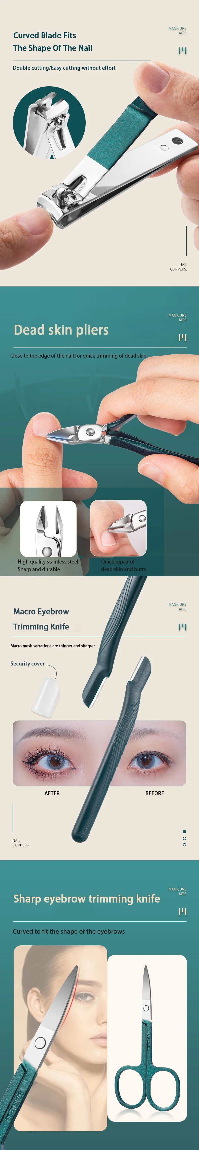 Kit profissional de cuidados com as unhas de 7/10/12/18 peças, conjunto de manicure e pedicure em aço inoxidável com estojo de viagem