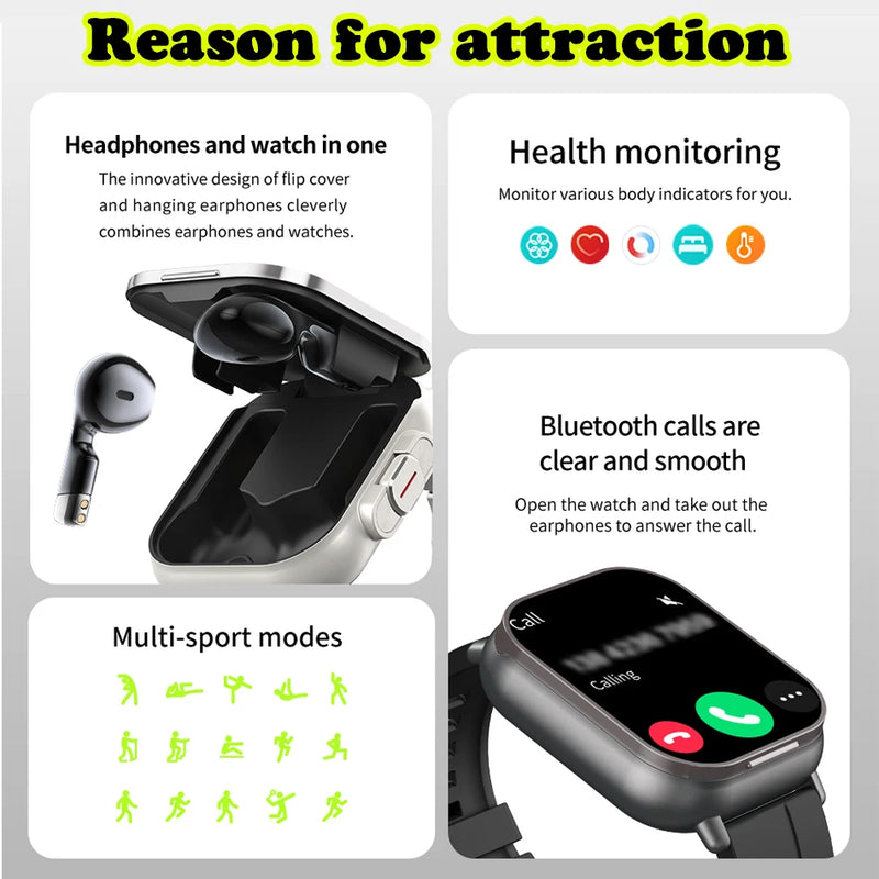 Relógio inteligente 2 em 1 com fone de ouvido, Bluetooth, chamada, relógio masculino, GPS, monitoramento de frequência cardíaca, reprodução de música