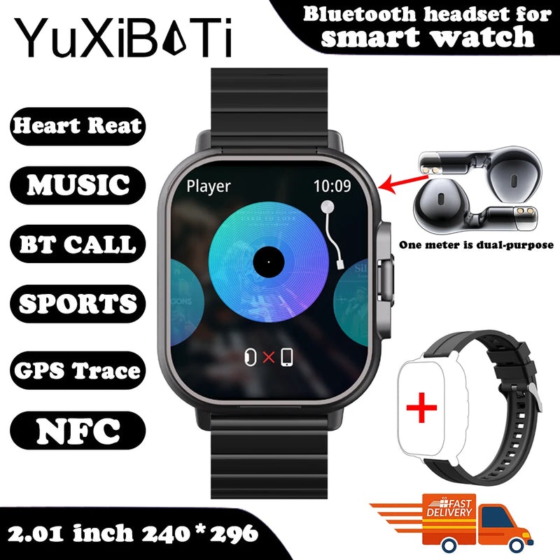 Relógio inteligente 2 em 1 com fone de ouvido, Bluetooth, chamada, relógio masculino, GPS, monitoramento de frequência cardíaca, reprodução de música