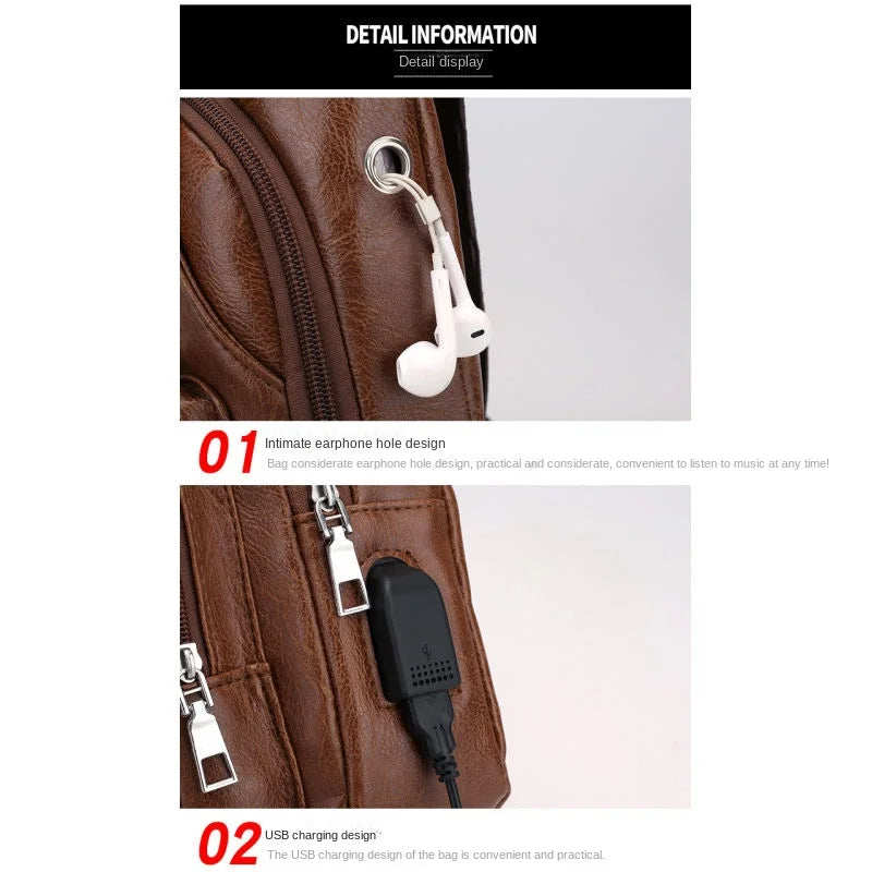 Bolsa de couro Masculina com Furo para Fone de Ouvido USB de Ombro