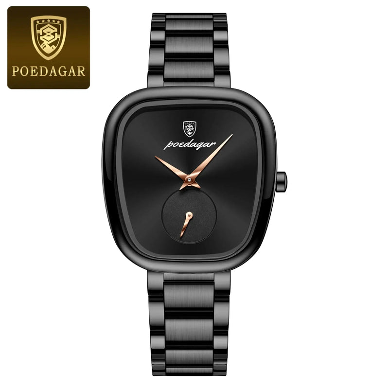 Relógio feminino POEDAGAR de luxo, estilo coreano, moderno, ultrafino, de aço inoxidável, à prova d'água, quadrado, quartzo
