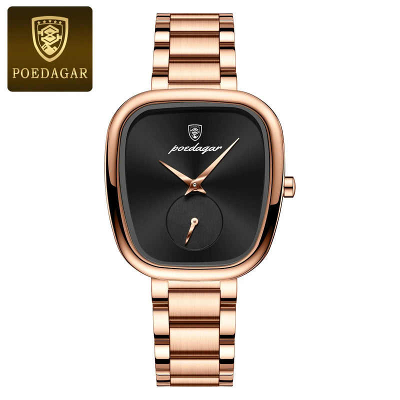 Relógio feminino POEDAGAR de luxo, estilo coreano, moderno, ultrafino, de aço inoxidável, à prova d'água, quadrado, quartzo