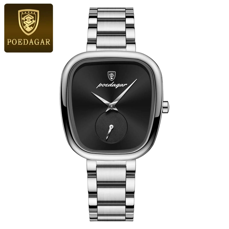 Relógio feminino POEDAGAR de luxo, estilo coreano, moderno, ultrafino, de aço inoxidável, à prova d'água, quadrado, quartzo