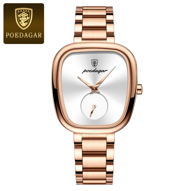 Relógio feminino POEDAGAR de luxo, estilo coreano, moderno, ultrafino, de aço inoxidável, à prova d'água, quadrado, quartzo