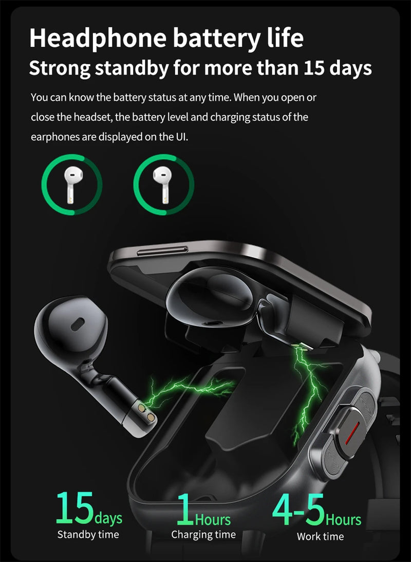 Relógio inteligente 2 em 1 com fone de ouvido, Bluetooth, chamada, relógio masculino, GPS, monitoramento de frequência cardíaca, reprodução de música