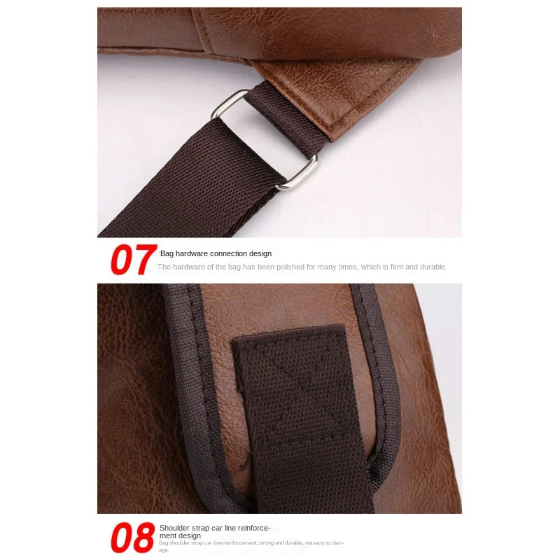 Bolsa de couro Masculina com Furo para Fone de Ouvido USB de Ombro